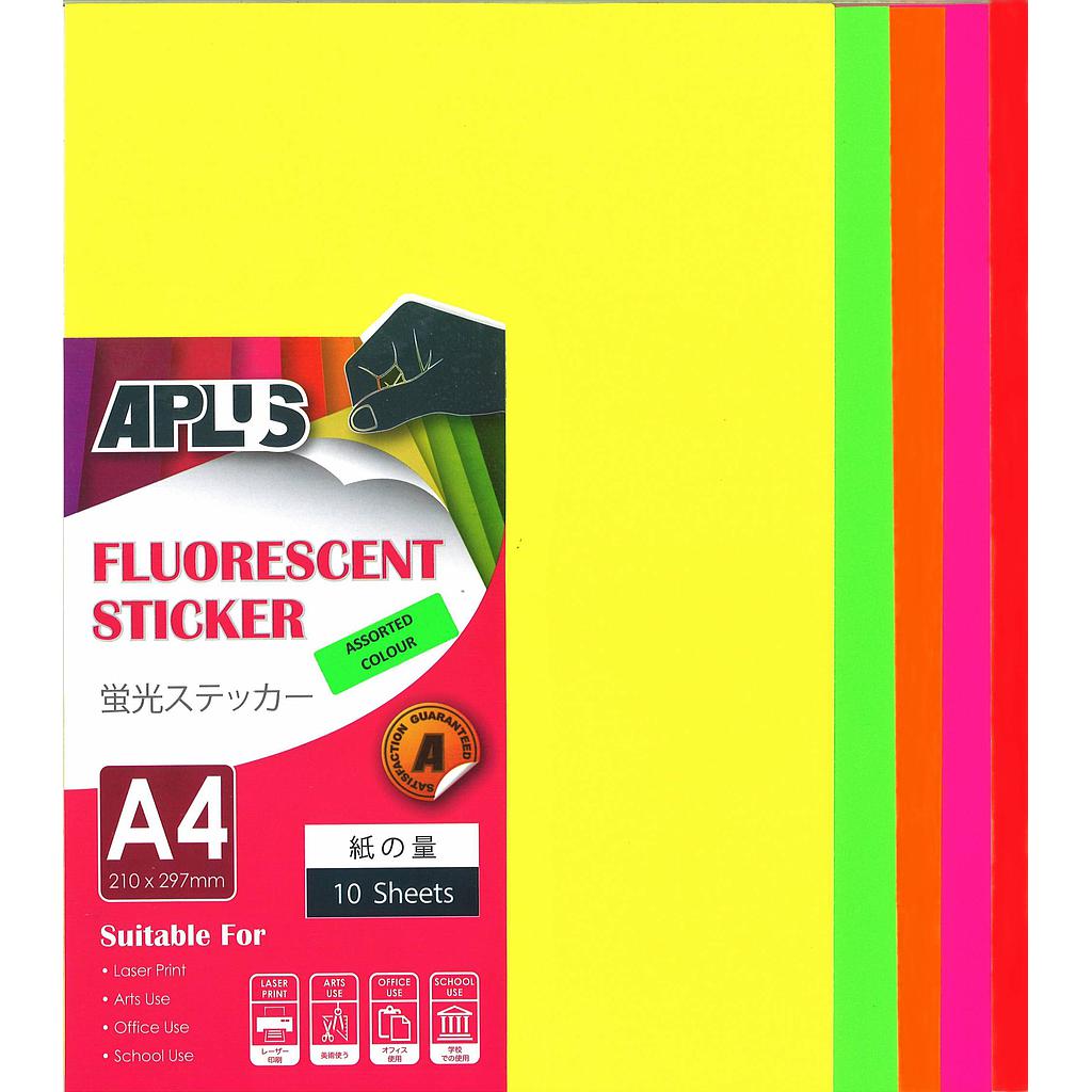 APLUS A4 FLOURESCENT STICKER - MIX COL 10'S .