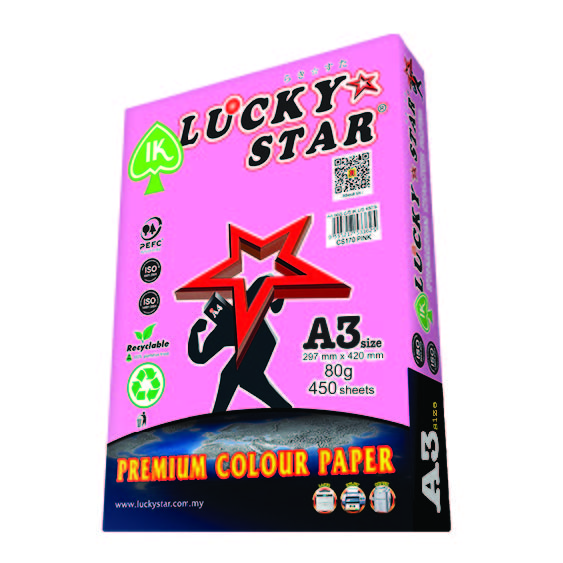 LUCKYSTAR CS170 A3 80GM COLOUR PAPER 450'S - PINK #